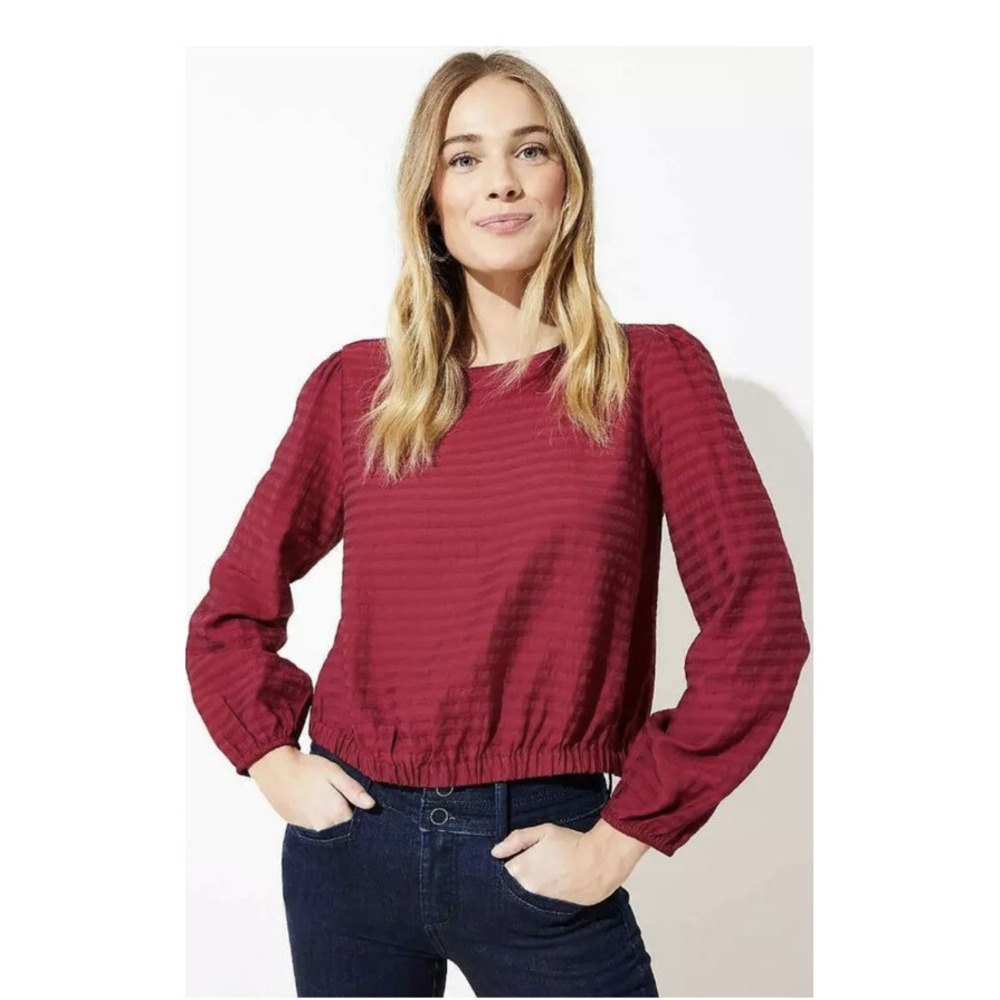 Ann Taylor Loft Striped Cropped Top Rumba Red Long Sleeve Blouse M 522846